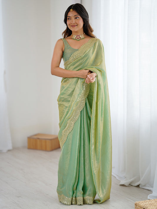 Pistachio Green Tissue Silk Sequin Embroidered Scalloped Border  Blouse Saree