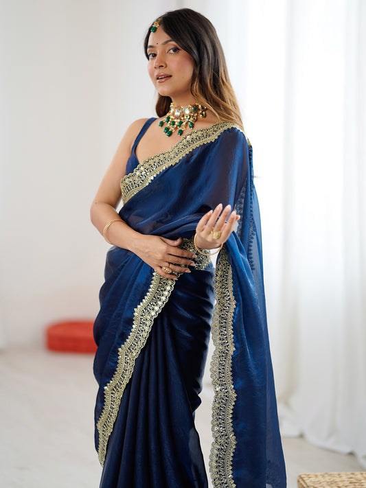 Navy Blue Polyester Embroidered Border Saree