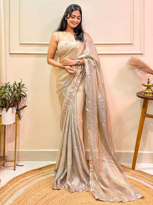 Tissue Silk Embroidered Saree – Champagne Gold