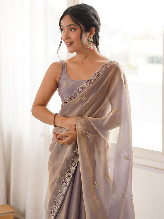 Lilac Mauve Cutwork Embroidery Organza Tissue Saree