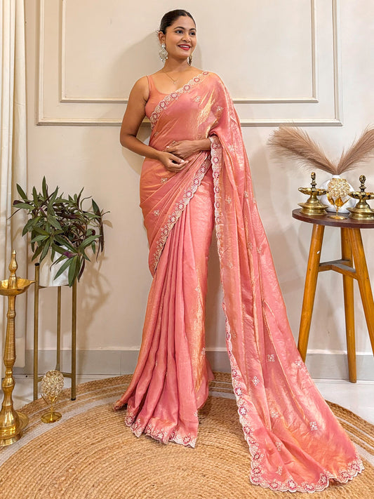 Pink Tissue Silk Embroidered Saree with Blouse Piece