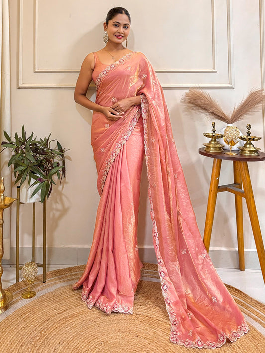 Pink Tissue Silk Embroidered Saree with Blouse Piece