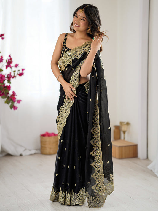 Black Polyester Embroidered Border Saree