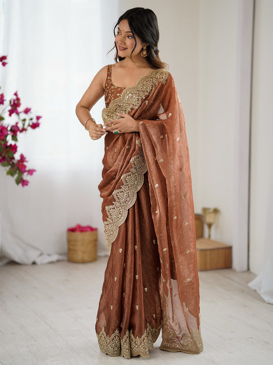 Chocolate Brown  Organza  Sequin Floral Embroidery Scalloped Border Designer Blouse Saree