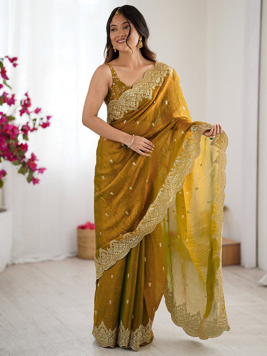 Yellow Mustard Embroidery Silk Blend Saree with Scalloped Border