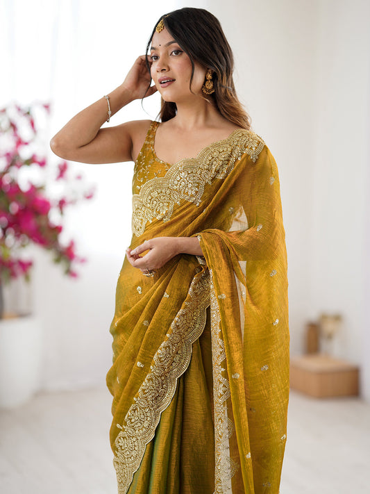 Mustard Yellow Embroidered Border Chiffon Saree