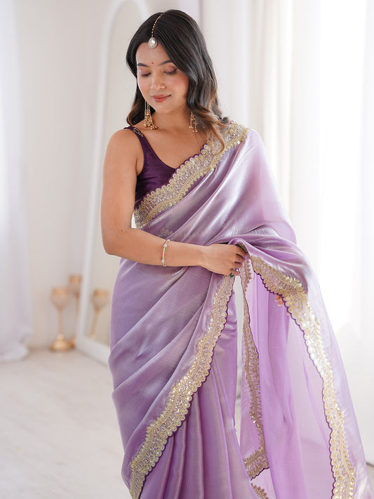Lavender Shimmer Organza Saree with Mirror-Work Border