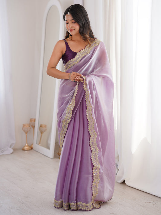 Lavender Shimmer Organza Saree with Mirror-Work Border
