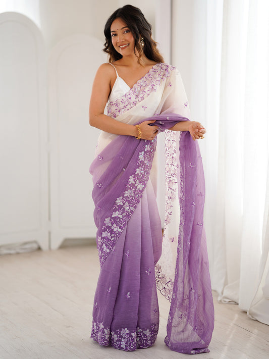 Dusty Lavender & Off-White Polyester Embroidered Saree