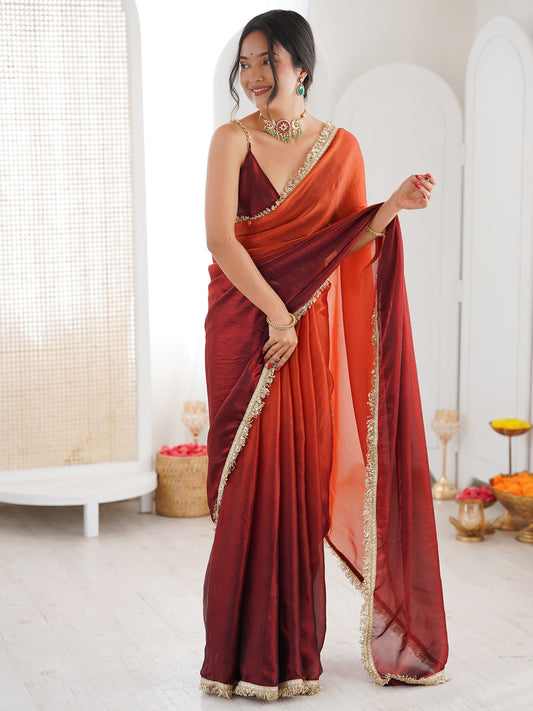 Ombre Rust Maroon Chiffon Saree