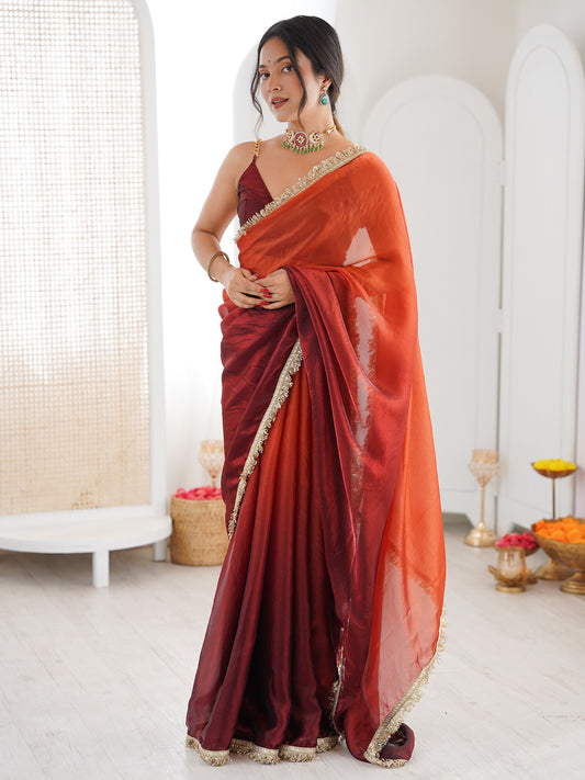 Ombre Rust Maroon Chiffon Saree