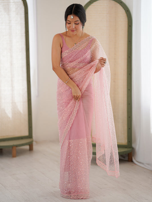 Pink Sequin Work Net Scalloped Border Saree