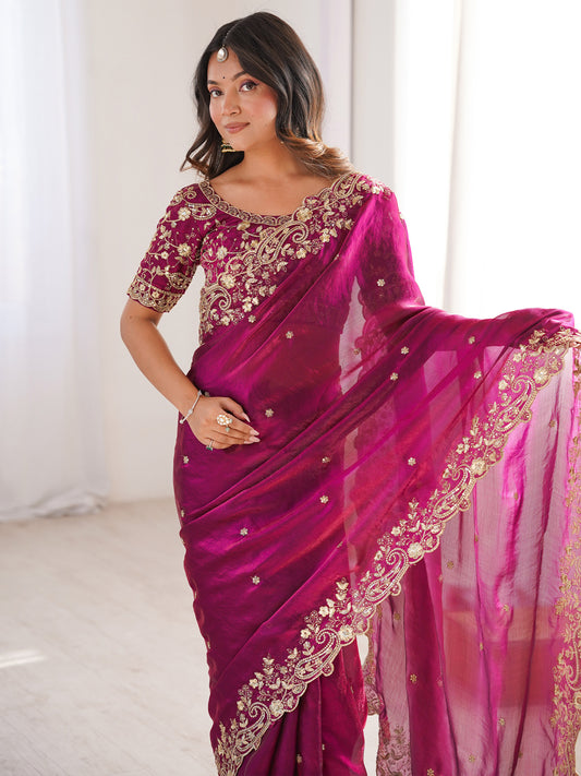 Magenta Organza Embroidered Saree with Blouse