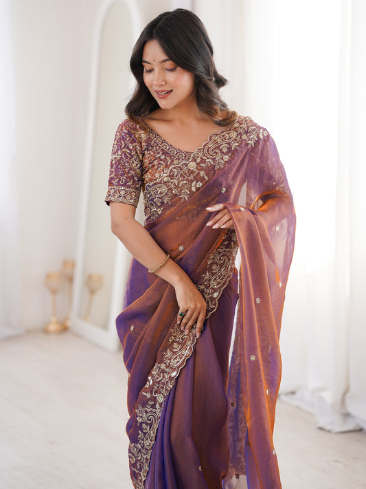 Deep Wine Dual Tone Tissue Silk  Saree
