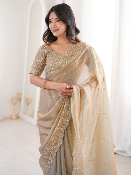 Golden Beige Metallic Tissue Silk Saree
