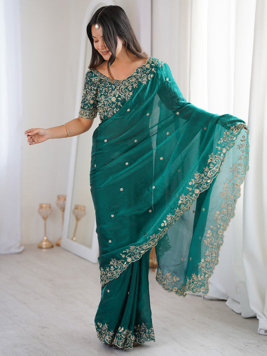 Rama Green Metallic Tissue Silk Saree
