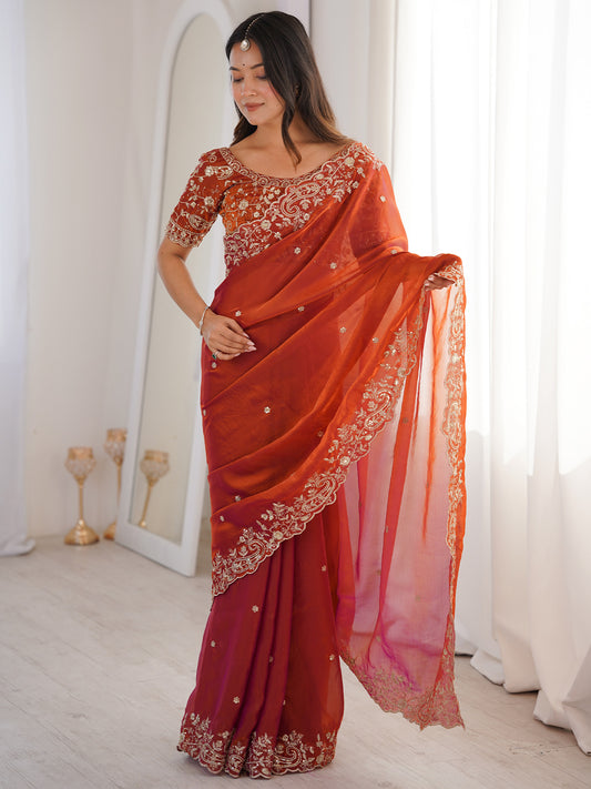 Rust Orange Metallic Tissue Silk Saree