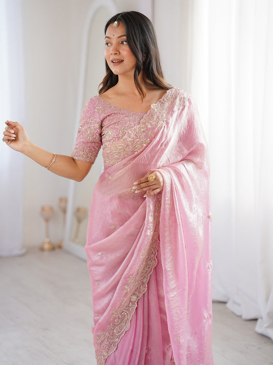 Baby Pink Metallic Tissue Silk SAree