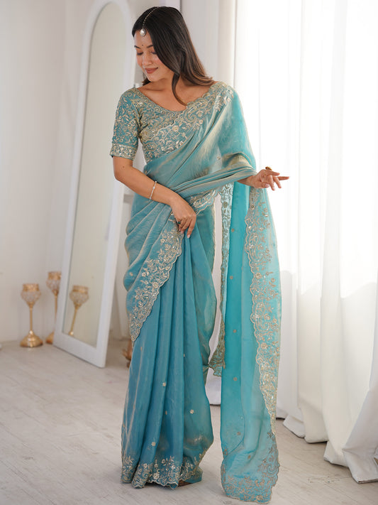 Sky Blue Metallic Tissue Silk Saree
