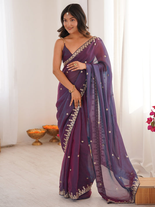 Organza Embroidered Saree in Plum