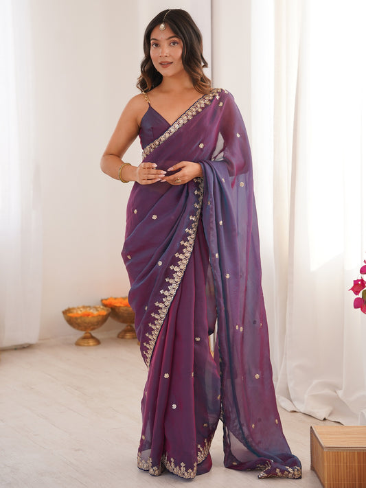 Organza Embroidered Saree in Plum