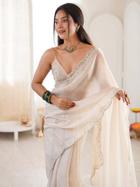 White Emblished Satin Saree