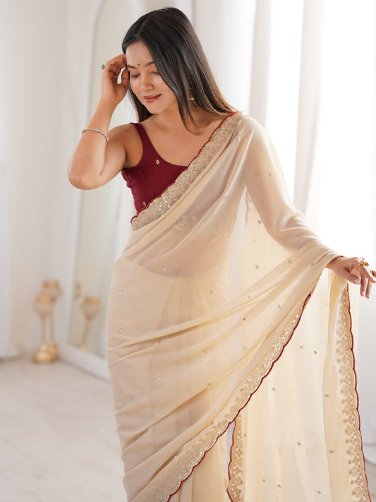 Ivory Georgette Embroidered Saree