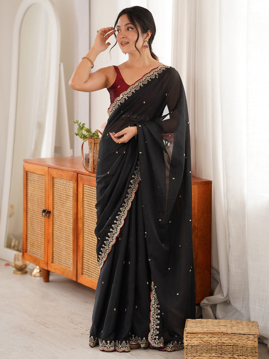 Black Georgette Saree with Embroidery ana Scattered Butis
