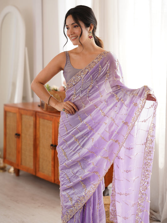 Lilac Lavender Embroidered Tissue Organza Saree