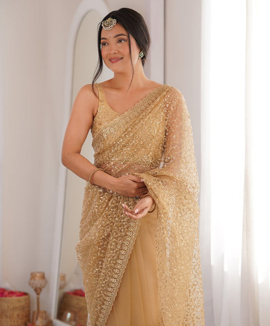 Gold  Net Sequence Embroidery  Saree