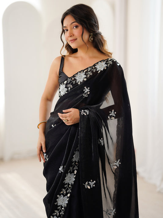 Jet Black Metallic Tissue Silk Saree