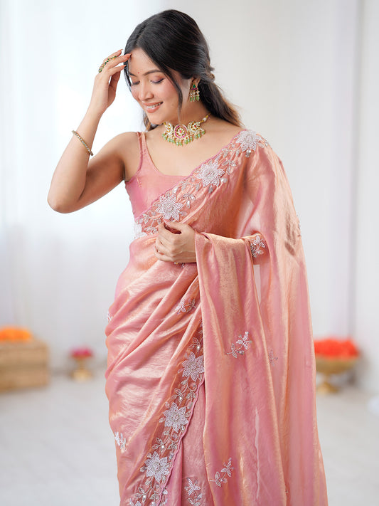 Peach Metallic Tissue Silk Saree