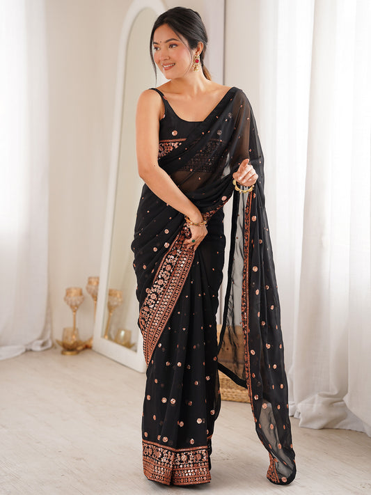 Black Georgette Copper Sequin Embroidery Saree