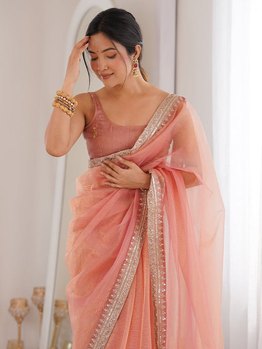 Peach Pink : Metallic Tissue Silk