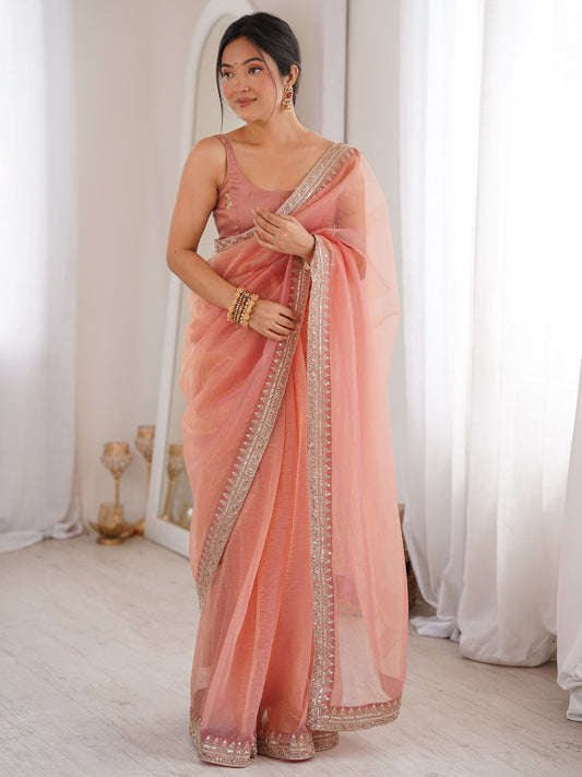Peach Pink : Metallic Tissue Silk