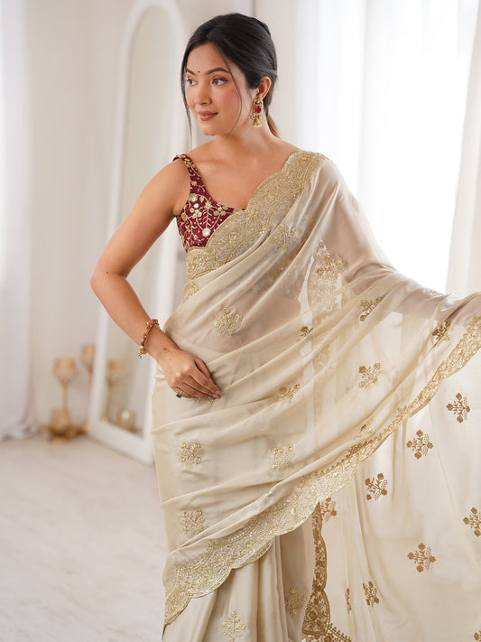 Cream Metallic Tissue Silk Saree