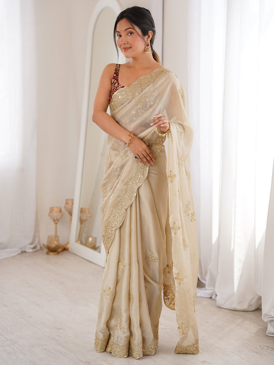 Cream Metallic Tissue Silk Saree