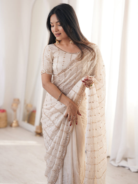 Off-White Georgette Sequence Embroidery Saree