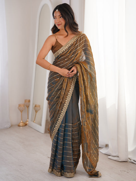 Copper & Teal Blue Saree