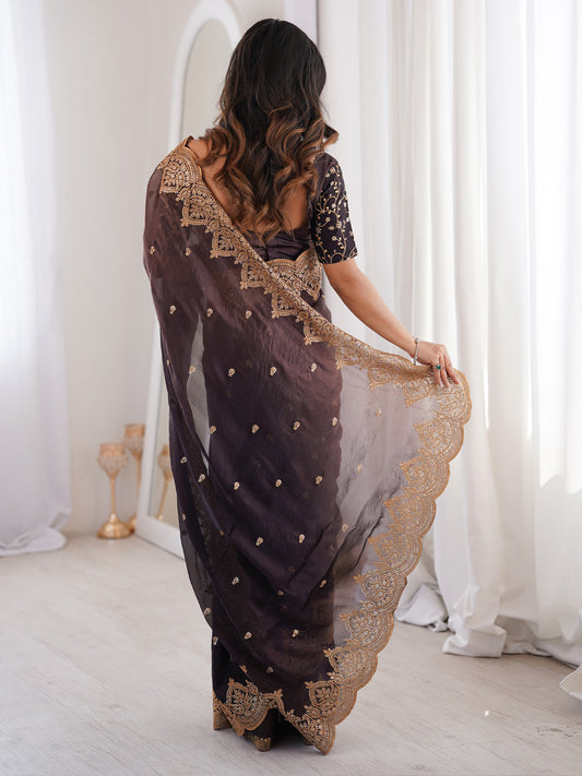Dark Coffee Brown Organza Tissue Saree