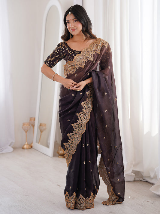 Dark Coffee Brown Organza Tissue Saree