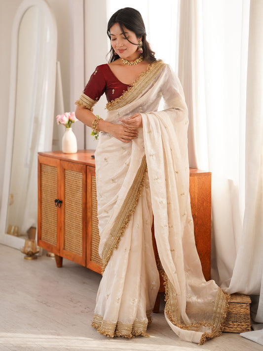 Off-White Tissue Saree with Maroon Blouse