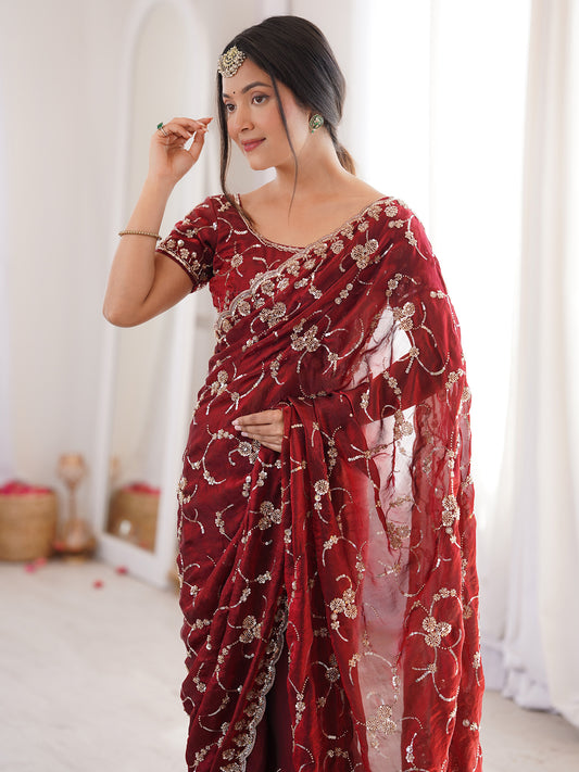 Maroon Embroidered Organza Saree with Cutwork Border