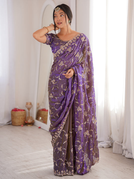 Purple Embroidered Organza Saree with Cutwork Border