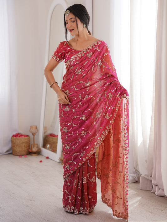 Rani Pink Embroidered Organza Saree with Cutwork Border