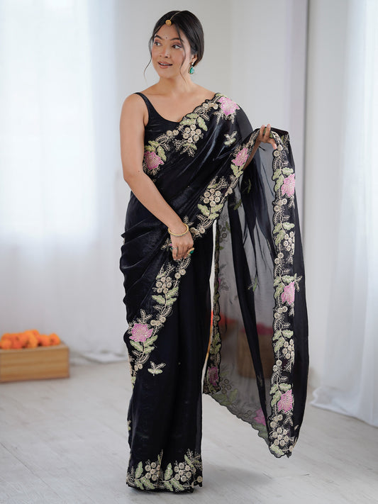 Black Organza Saree with Pink Floral Cutwork Scallop Border