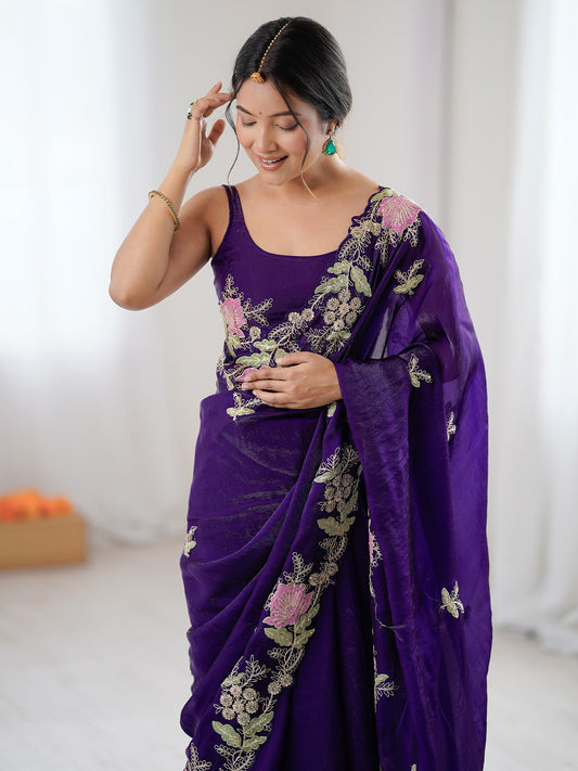 Deep Purple Organza Saree with Pink Floral Cutwork Scallop Border
