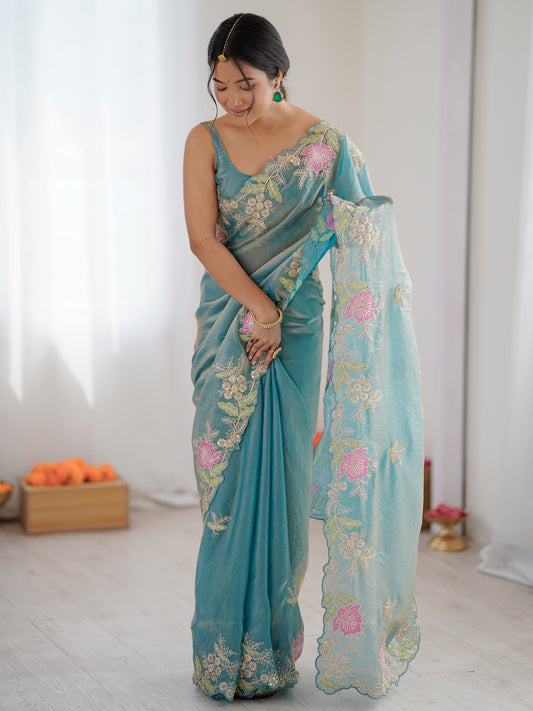 Sea Green Organza Saree with Pink Floral Cutwork Scallop Border