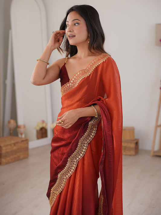 Rust Orange  Shimmer Saree
