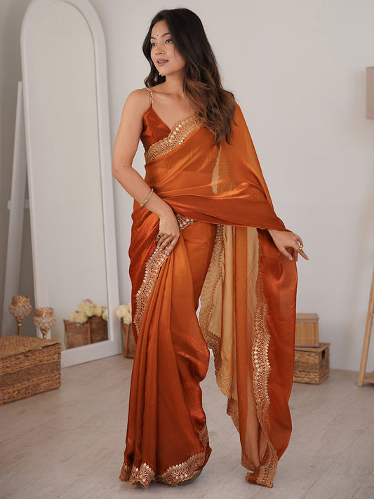 Rust Orange Satin Saree